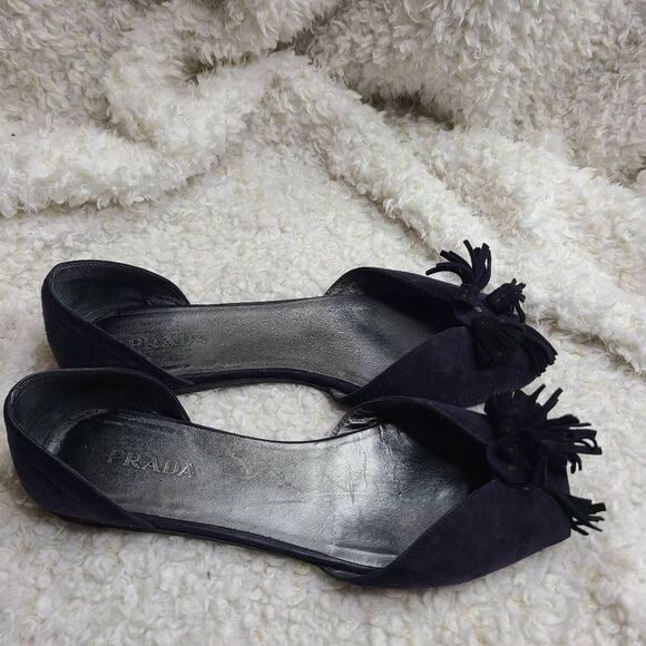 Prada Navy Blue Suede Leather Tassel Peep-toe D'orsay Flats‎ sz 40 - Picture 1 of 10